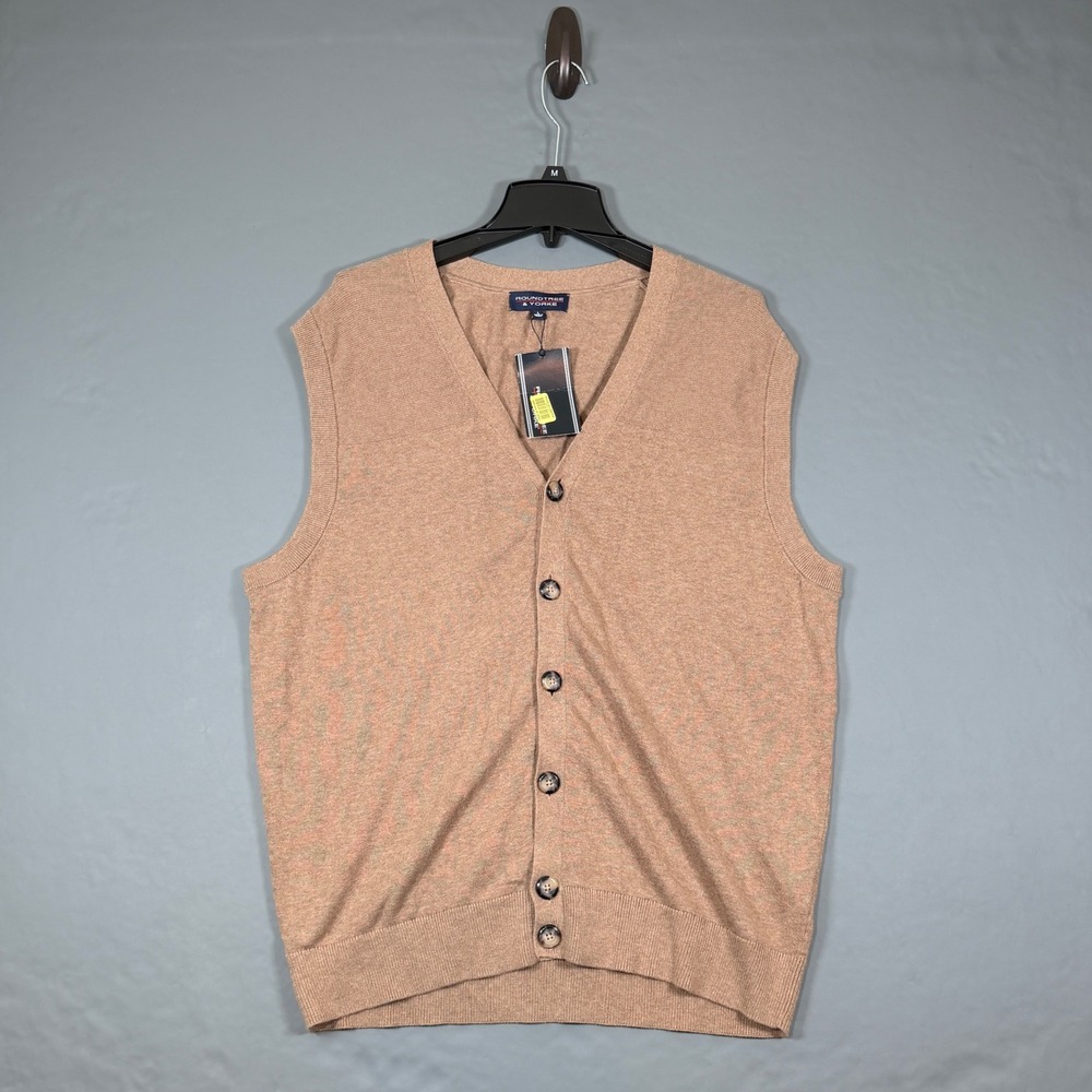 Roundtree & Yorke NWT Tan Sweater Vest Mens Size M Button V-Neck Has One Stain